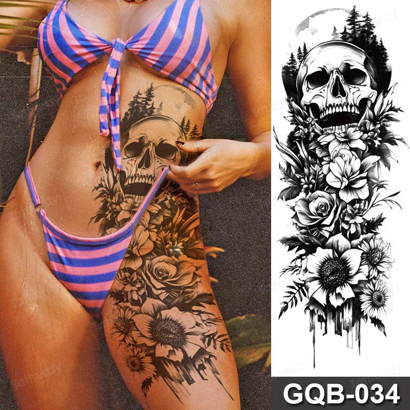 Rose Peony Flower Temporary Tattoo Full Arm Sleeve Leg Thigh Waist Women Body Art Waterproof Tattoo Stickers Large Size 48*17Cm