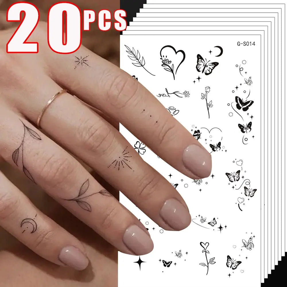 20PCS INS Finger Tattoo Stickers Men Women Realistic Black Series Finger Tattoo Stickers Butterfly Leaf Stars Temporary Tattoos