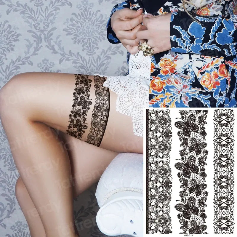 sexy tattoo for women thigh tattoo body art black henna lace tattoo sticker girls leg arm sleeve tatoo stockings waterproof