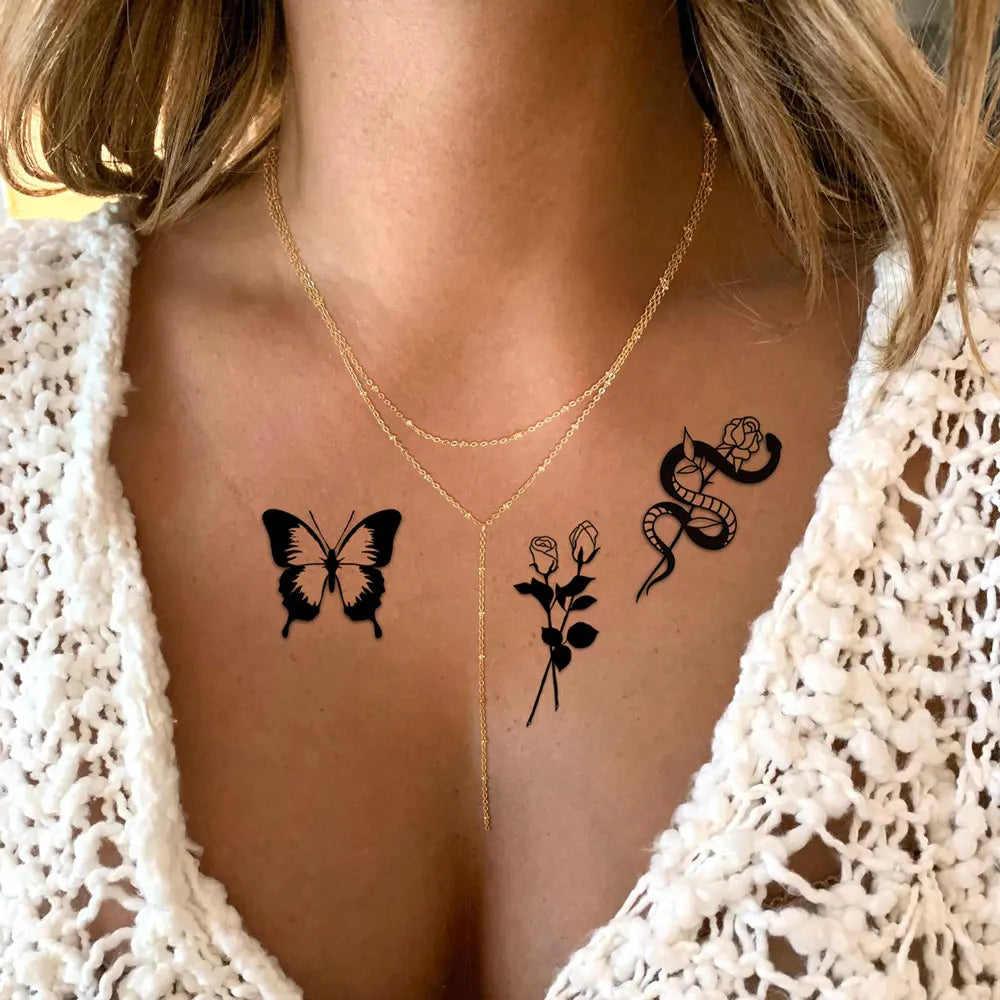 Black Butterfly Temporary Tattoos for Women Men Waterproof Snake Tattoo Stickers for Hand Arm Fake Tattoo Body Decor