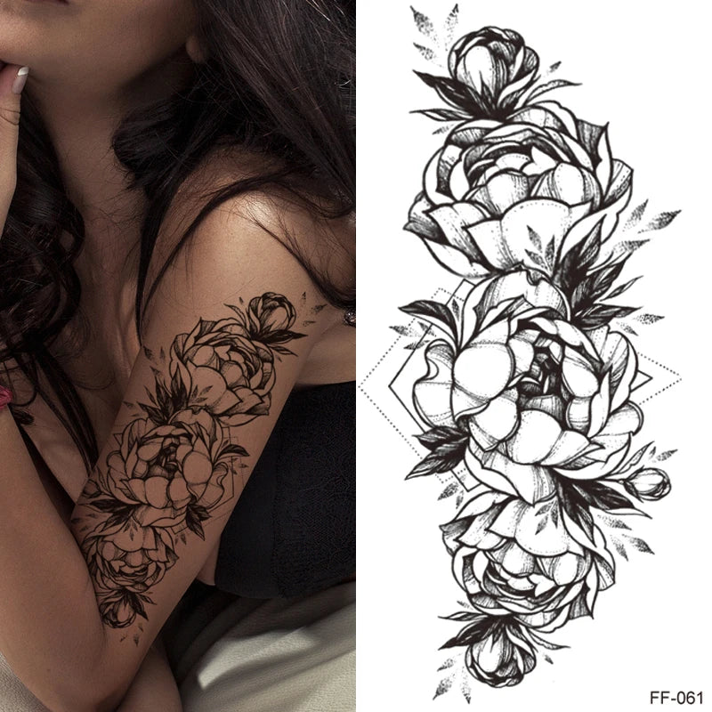 Temporary Tattoo Black Flower Tattoo Sleeves Water Transfer Tatoo Sticker Peony Rose Tattoos Body Art Sexy Tatoo Girl Arm Legs