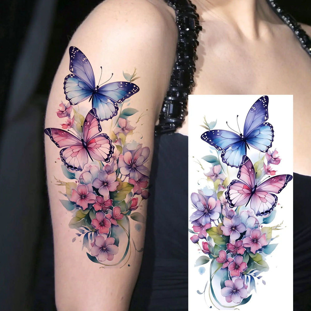 1 Sheet Watercolor Rose Butterfly Temporary Tattoos For Women Realistic Fake Tattoos Waterproof Body Art Tatoo Sticker Last Long
