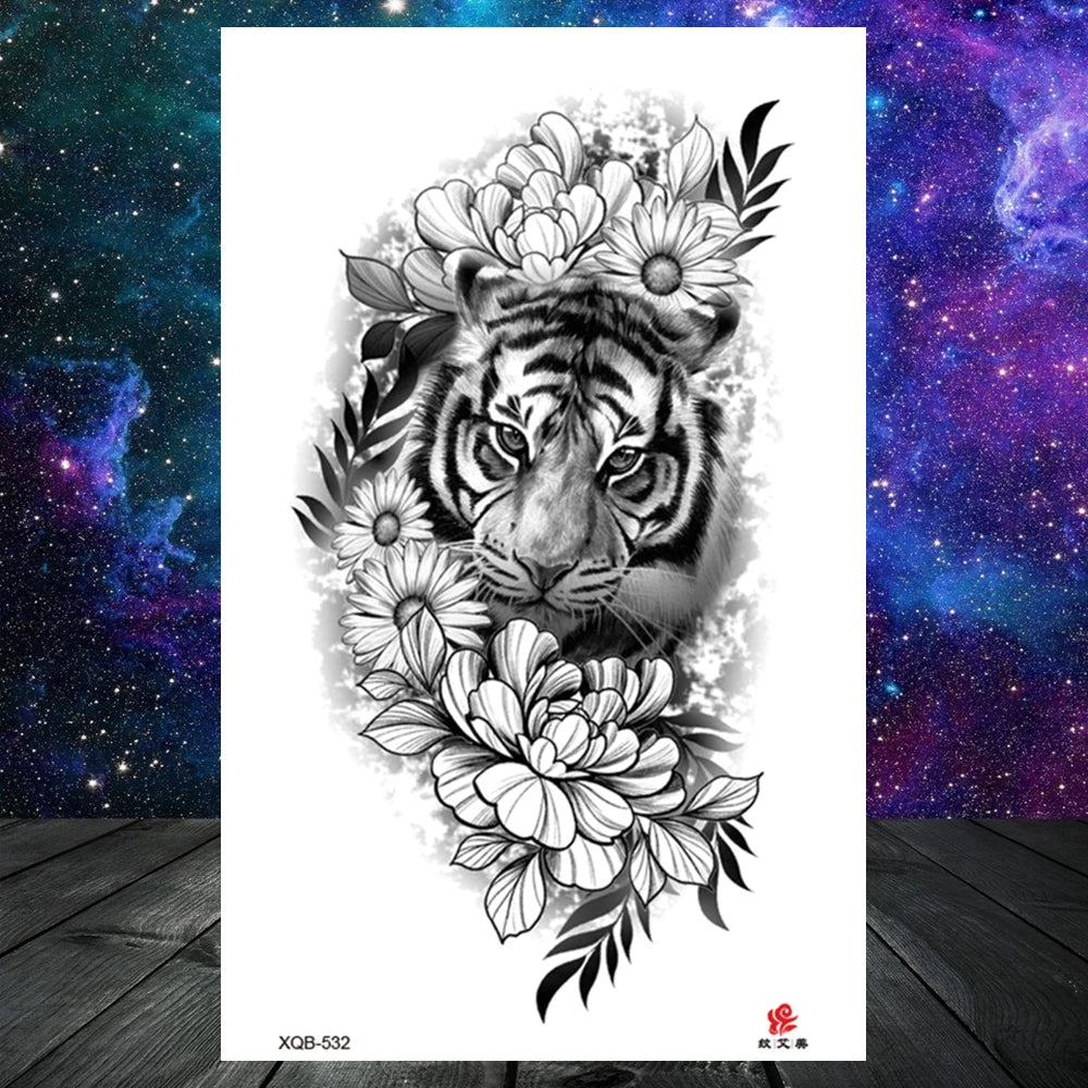 Lotus Flower Temporary Tattoo For Women Girls Snake Peony Lily Rose Chains Tattoos Sticker Black Blossom Fake Transferable Tatoo