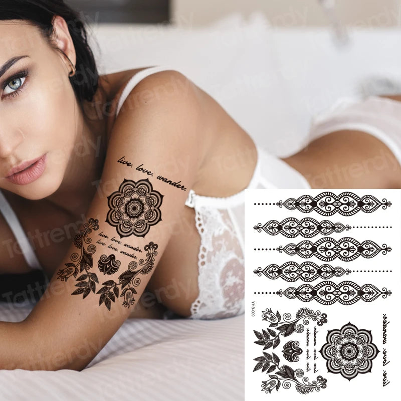 sexy tattoo for women thigh tattoo body art black henna lace tattoo sticker girls leg arm sleeve tatoo stockings waterproof