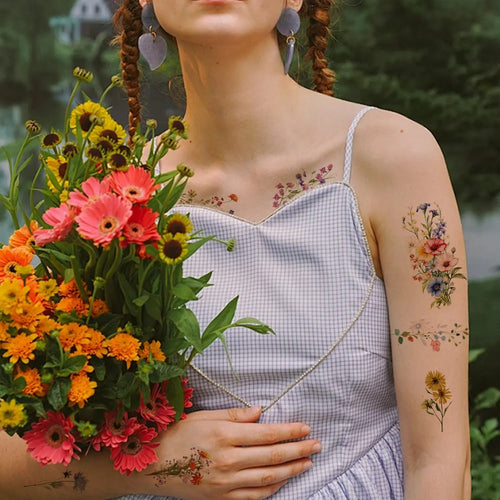 18pcs Watercolor Floral Temporary Tattoos for Women – Realistic Lavender, Rose, Daisy & Wildflower Body Art Stickers, Waterproof