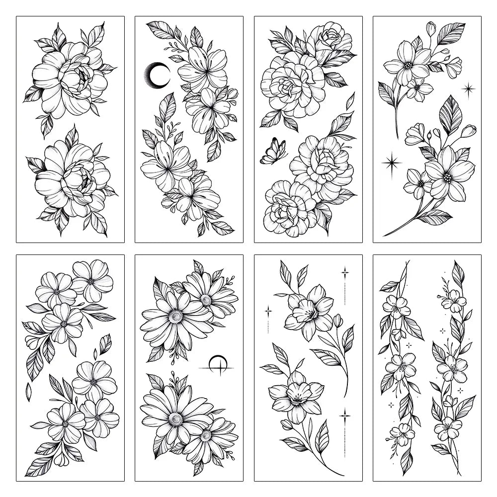 8pcs Realistic Black Rose Peony Temporary Tattoo for Women Waterproof Long-Lasting Floral Sketch Stickers for Arms Legs Body Art