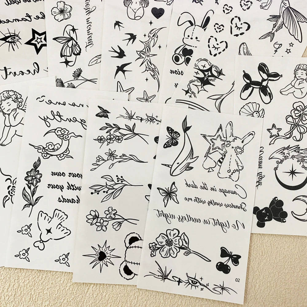 10 Sheets English Letter Fake Tattoo for Women Flower Butterfly Temporary Tattoos for Hand Body Art Moon Star Tattoo Stickers