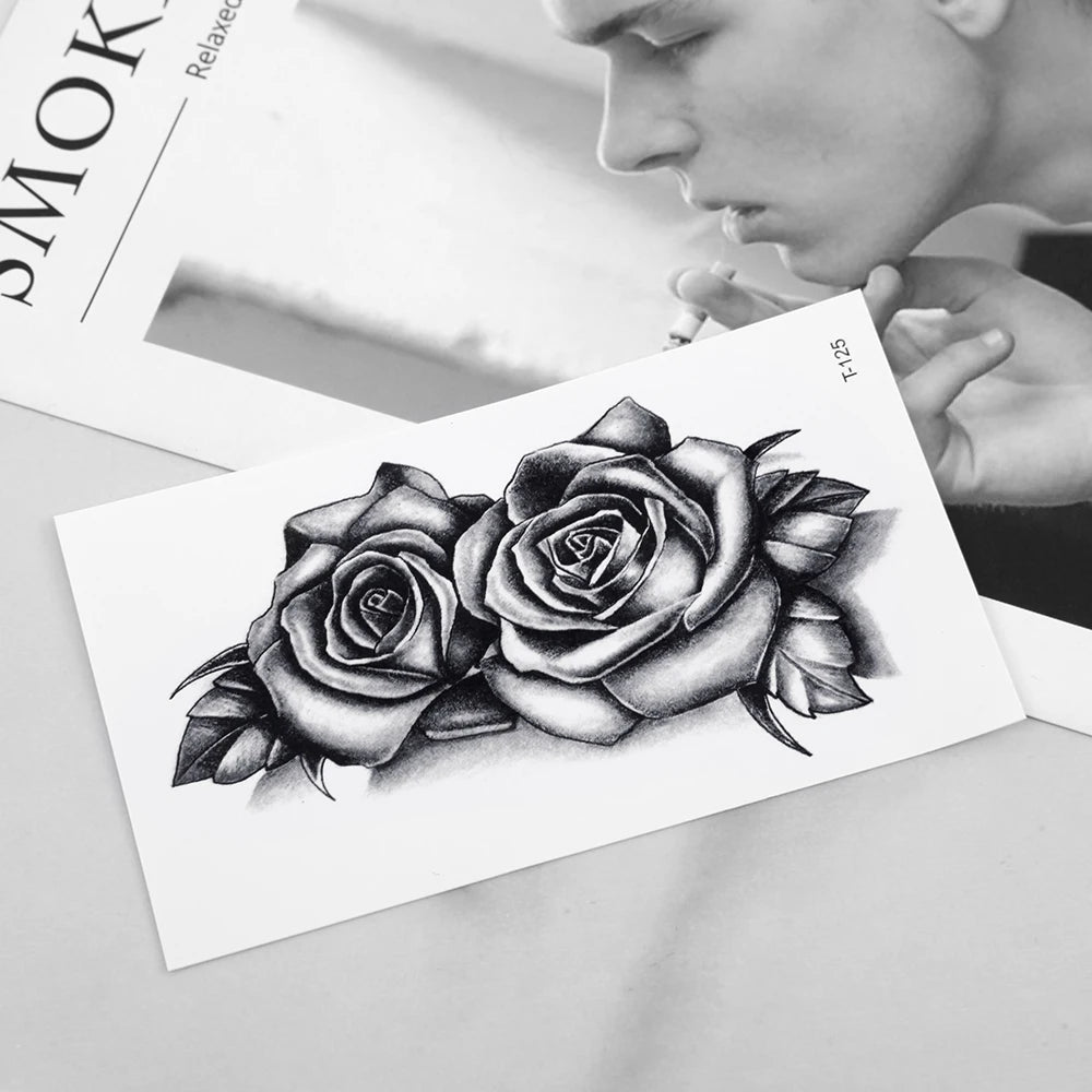 Waterproof Double Rose Temporary Tattoo Sticker Flower Rose Flash Sexy Fake Black Rose Tattoos Body Art Arm Fake Sleeve Tattoo