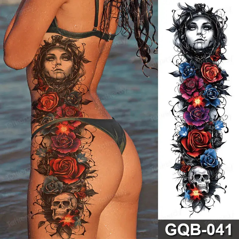 Rose Peony Flower Temporary Tattoo Full Arm Sleeve Leg Thigh Waist Women Body Art Waterproof Tattoo Stickers Large Size 48*17Cm