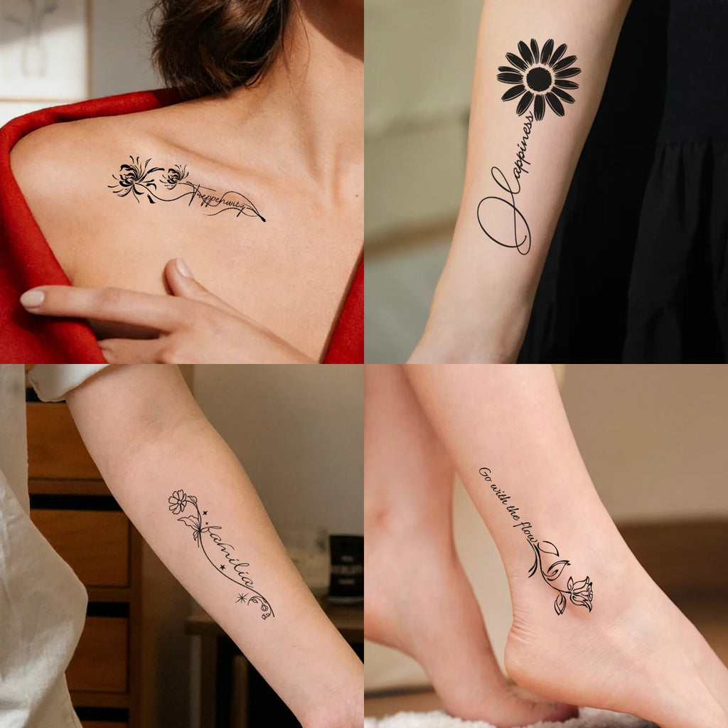 6 Sheets Semi-Permanent Temporary Tattoos for Women Long Line Flower Words Tattoos for Adult 100% Plant-Based Ink Waterproof