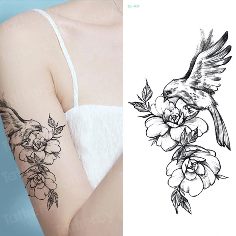 Temporary Tattoo Black Flower Tattoo Sleeves Water Transfer Tatoo Sticker Peony Rose Tattoos Body Art Sexy Tatoo Girl Arm Legs