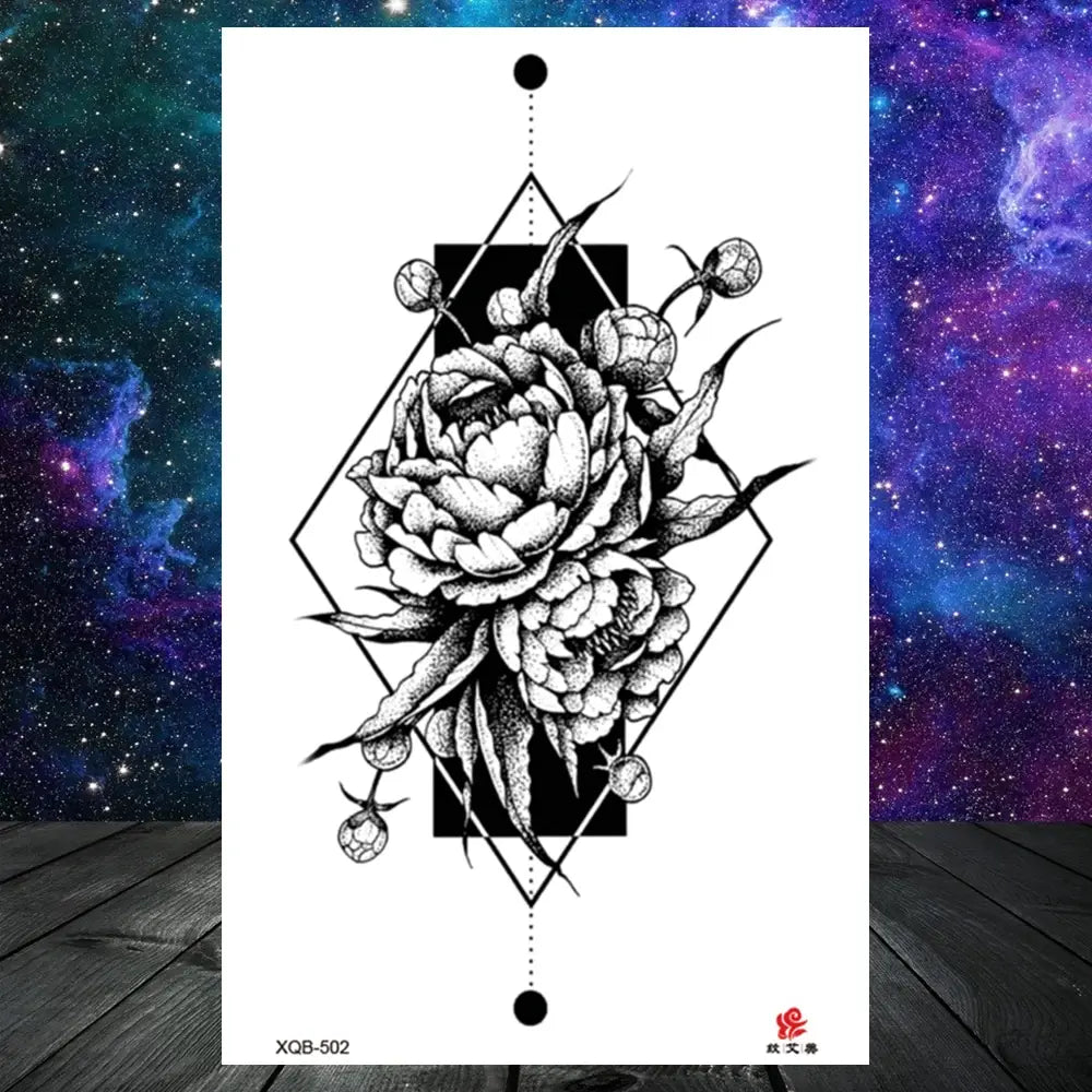 Lotus Flower Temporary Tattoo For Women Girls Snake Peony Lily Rose Chains Tattoos Sticker Black Blossom Fake Transferable Tatoo