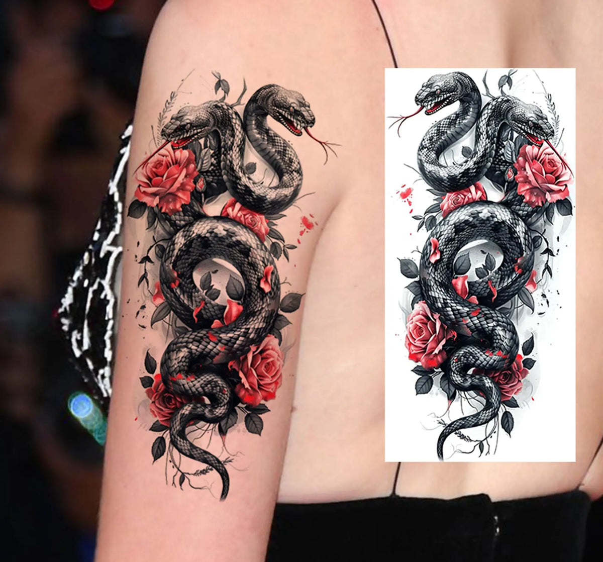 1 Sheet Snake With Rose Flowers Temporary Tattoos For Women Girls Waterproof Realistic Fake Tattoos Long Lasting Arm Leg Sticker