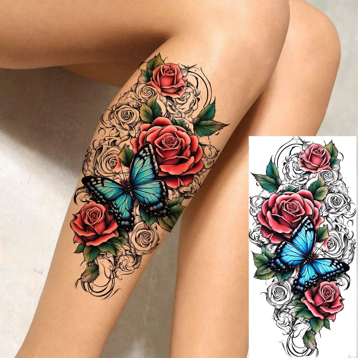1 Sheet Watercolor Rose Butterfly Temporary Tattoos For Women Realistic Fake Tattoos Waterproof Body Art Tatoo Sticker Last Long