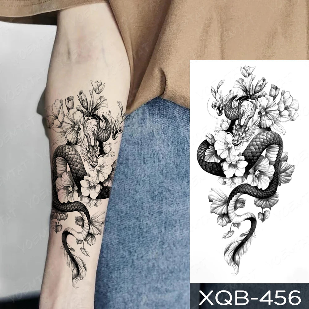 Waterproof Temporary Tattoo Sticker Dragon Snake Rose Flower Dark Style Totem Sexy Body Art Arm Fake Tattoos Sleeve Women Men