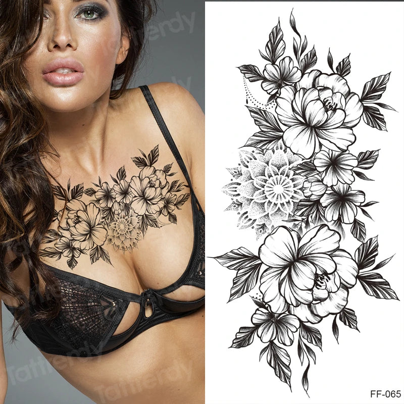 Temporary Tattoo Black Flower Tattoo Sleeves Water Transfer Tatoo Sticker Peony Rose Tattoos Body Art Sexy Tatoo Girl Arm Legs