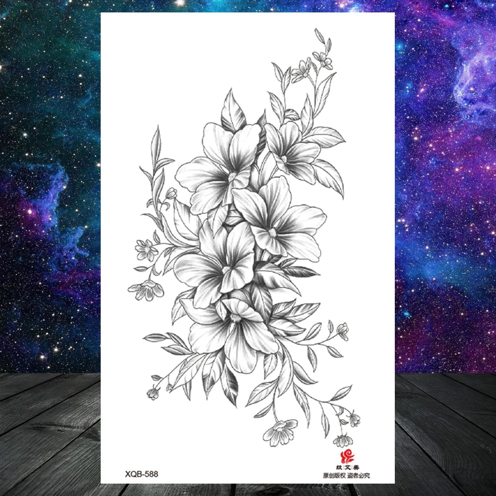 Lotus Flower Temporary Tattoo For Women Girls Snake Peony Lily Rose Chains Tattoos Sticker Black Blossom Fake Transferable Tatoo