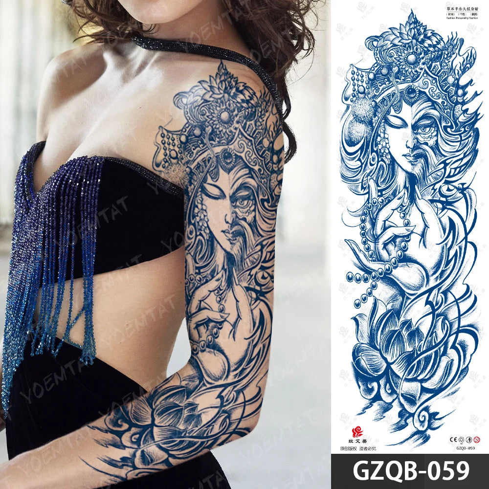 Semi-Permanent Herbal Large Arm Tatto Skull Crown Rose Waterproof Temporary Tattoo Stickers Ink Lasting Fake Tattoos Women Men