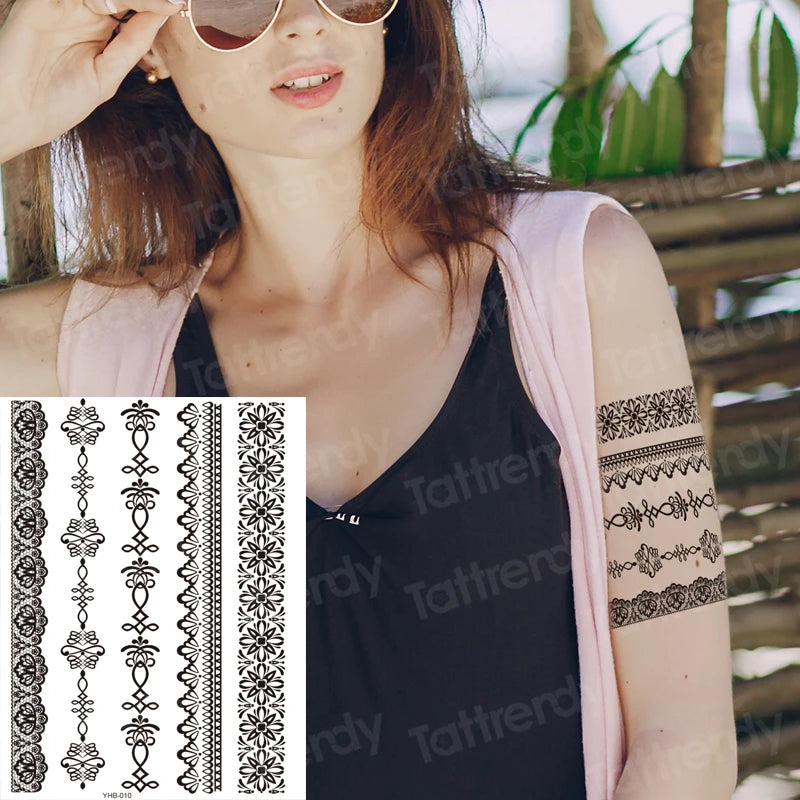 sexy tattoo for women thigh tattoo body art black henna lace tattoo sticker girls leg arm sleeve tatoo stockings waterproof