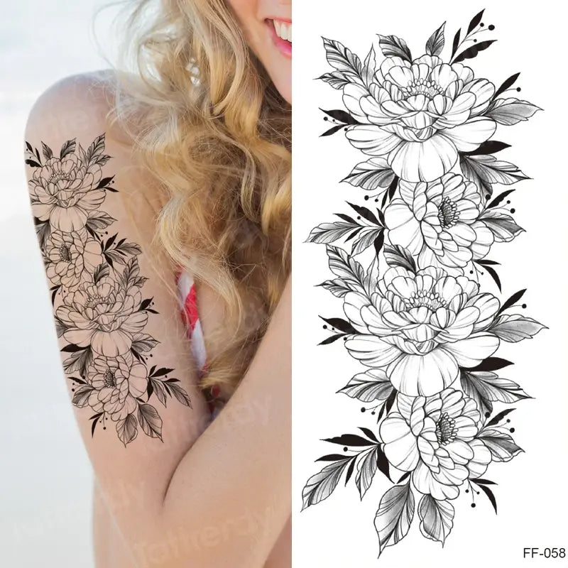 Temporary Tattoo Black Flower Tattoo Sleeves Water Transfer Tatoo Sticker Peony Rose Tattoos Body Art Sexy Tatoo Girl Arm Legs