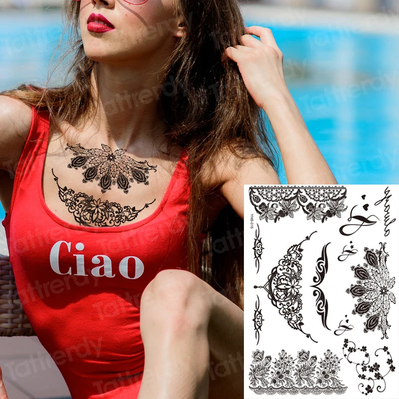 wrist bracelet tattoo henna lace pattern black sexy indian mandala temporary tattoo sticker hand rose tatoo flower jewelry decal