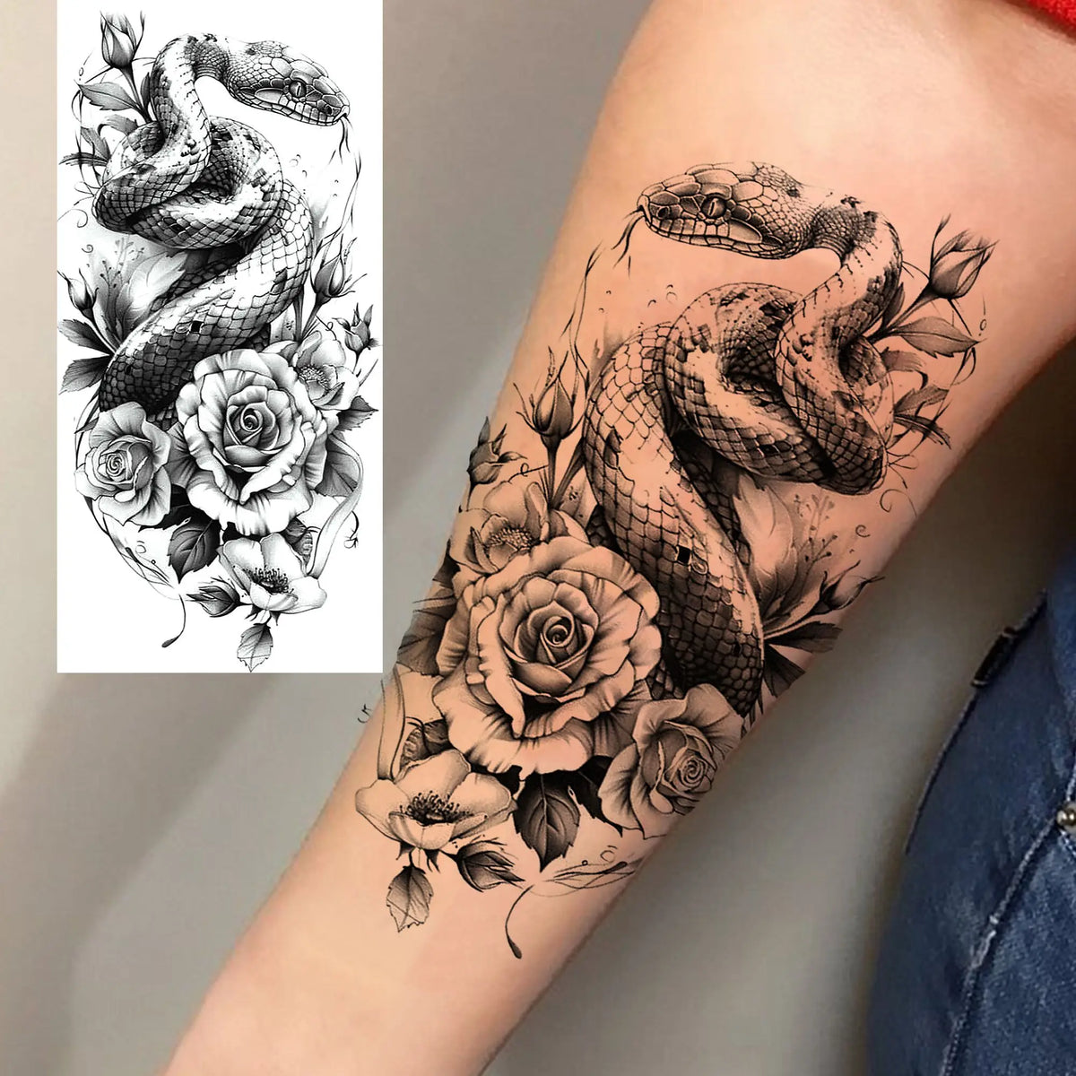 1 Sheet Snake With Rose Flowers Temporary Tattoos For Women Girls Waterproof Realistic Fake Tattoos Long Lasting Arm Leg Sticker