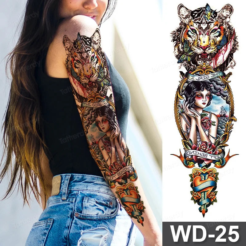 Large Arm Sleeve Tattoo Waterproof Temporary Tattoo Full Arm Body Art Stickers Women Adult Man Tattoo Wolf Lion Head Rose Flower