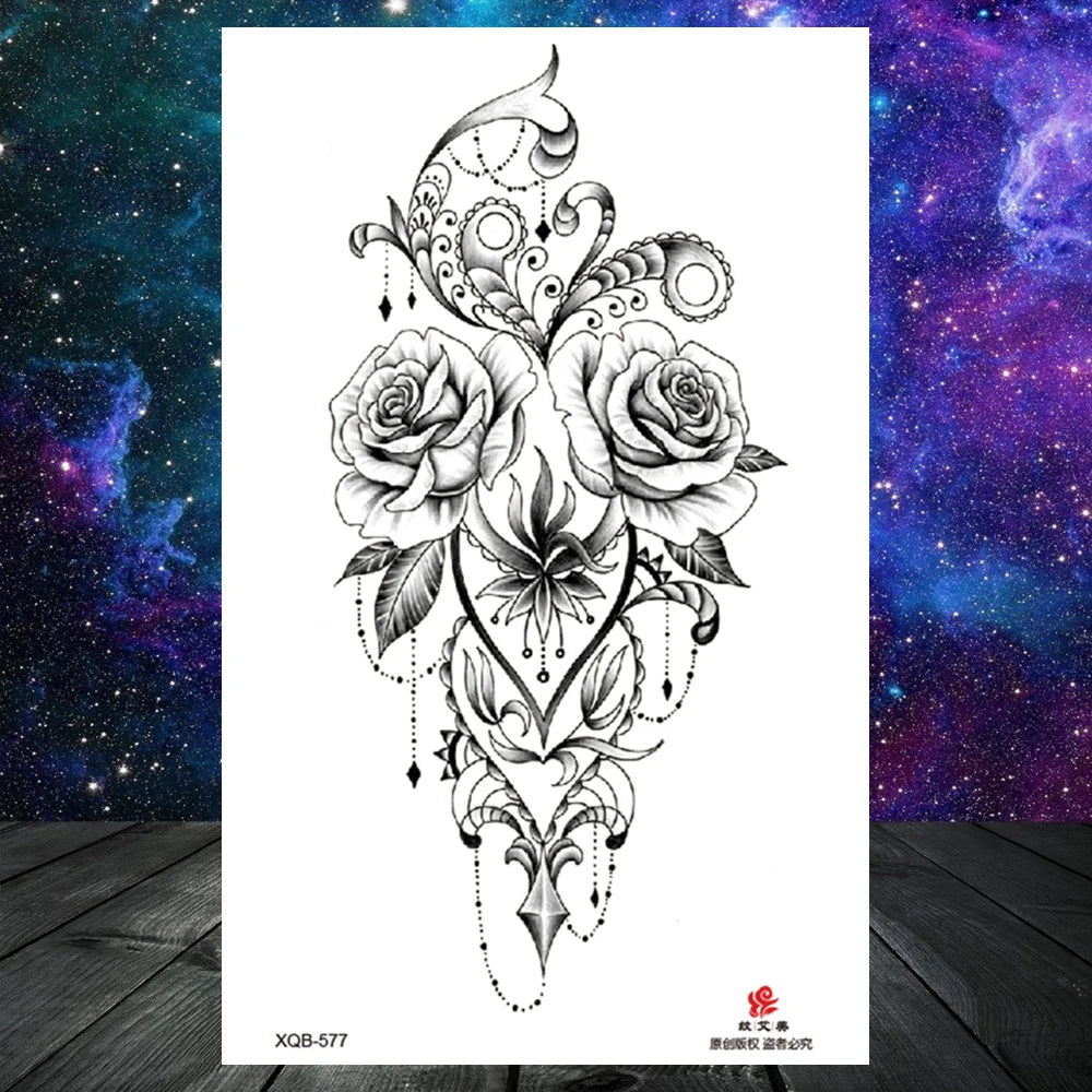 Lotus Flower Temporary Tattoo For Women Girls Snake Peony Lily Rose Chains Tattoos Sticker Black Blossom Fake Transferable Tatoo