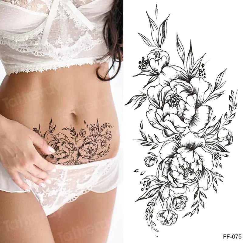 Temporary Tattoo Black Flower Tattoo Sleeves Water Transfer Tatoo Sticker Peony Rose Tattoos Body Art Sexy Tatoo Girl Arm Legs