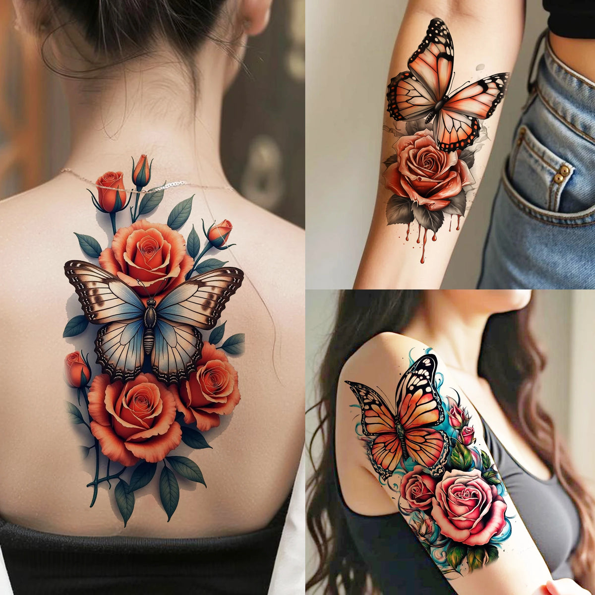 1 Sheet Watercolor Rose Butterfly Temporary Tattoos For Women Realistic Fake Tattoos Waterproof Body Art Tatoo Sticker Last Long