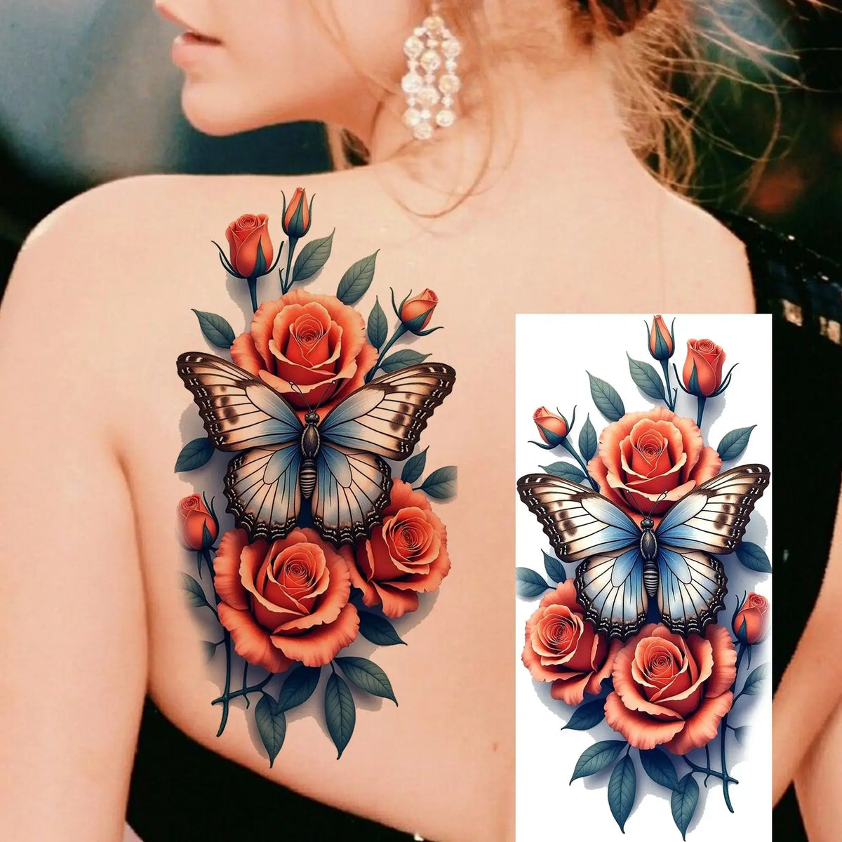 1 Sheet Watercolor Rose Butterfly Temporary Tattoos For Women Realistic Fake Tattoos Waterproof Body Art Tatoo Sticker Last Long