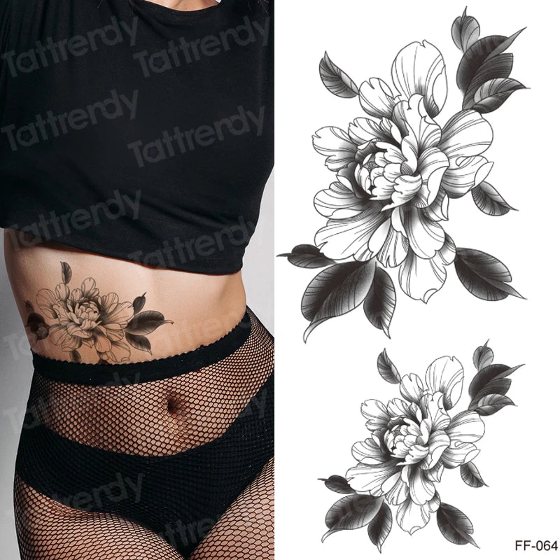 Temporary Tattoo Black Flower Tattoo Sleeves Water Transfer Tatoo Sticker Peony Rose Tattoos Body Art Sexy Tatoo Girl Arm Legs