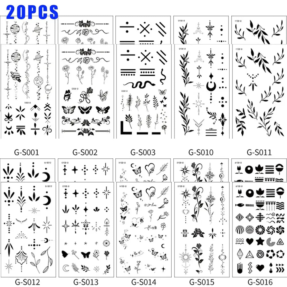 20PCS INS Finger Tattoo Stickers Men Women Realistic Black Series Finger Tattoo Stickers Butterfly Leaf Stars Temporary Tattoos