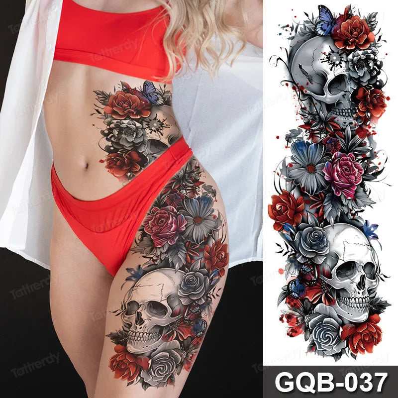 Rose Peony Flower Temporary Tattoo Full Arm Sleeve Leg Thigh Waist Women Body Art Waterproof Tattoo Stickers Large Size 48*17Cm