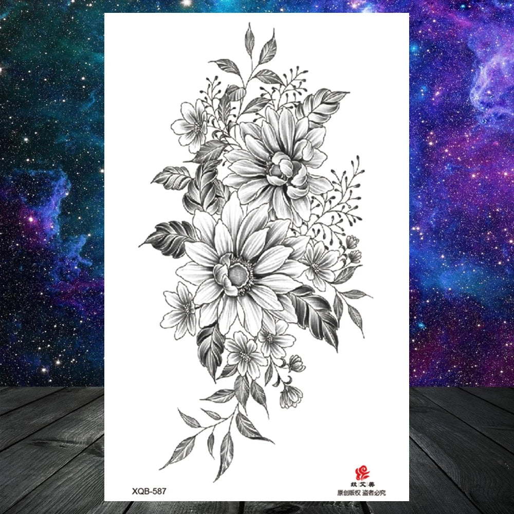 Lotus Flower Temporary Tattoo For Women Girls Snake Peony Lily Rose Chains Tattoos Sticker Black Blossom Fake Transferable Tatoo