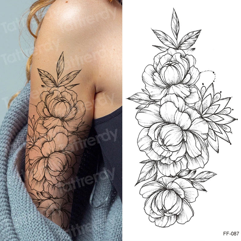 Temporary Tattoo Black Flower Tattoo Sleeves Water Transfer Tatoo Sticker Peony Rose Tattoos Body Art Sexy Tatoo Girl Arm Legs