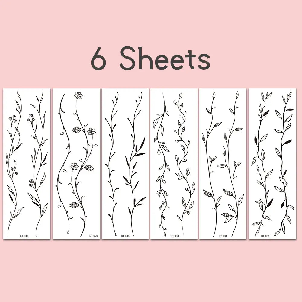6Pcs Sexy Line Flower Tattoo Stickers, Simple Black Style Flower Temporary Tattoos, Waist, Back, Legs, Body Art Waterproof Tatto