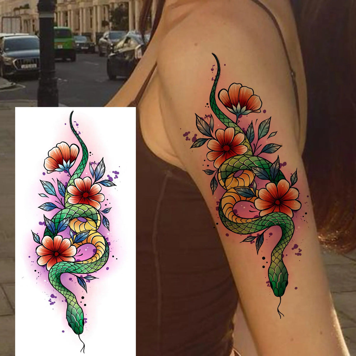 1 Sheet Snake With Rose Flowers Temporary Tattoos For Women Girls Waterproof Realistic Fake Tattoos Long Lasting Arm Leg Sticker