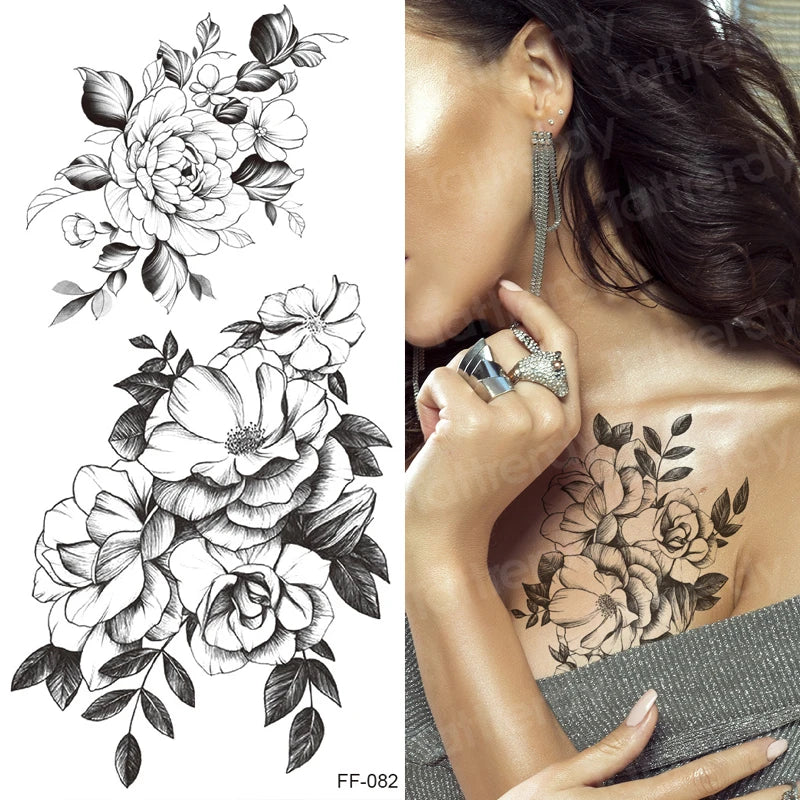 Temporary Tattoo Black Flower Tattoo Sleeves Water Transfer Tatoo Sticker Peony Rose Tattoos Body Art Sexy Tatoo Girl Arm Legs
