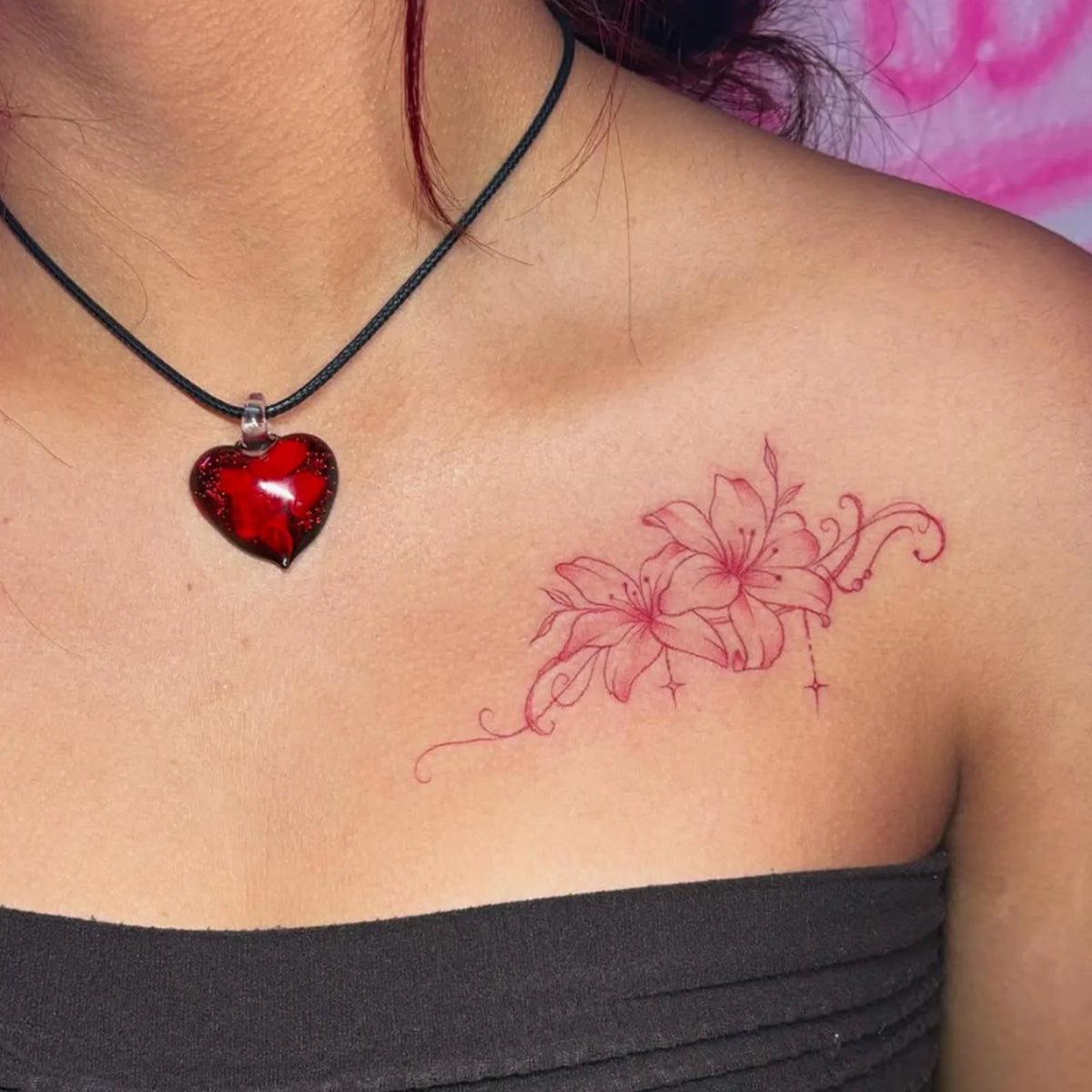 Floral Temporary Tattoo Sticker with Stars, Pink Flower Elegant Body Art for Women, Waterproof Fake Tattoo