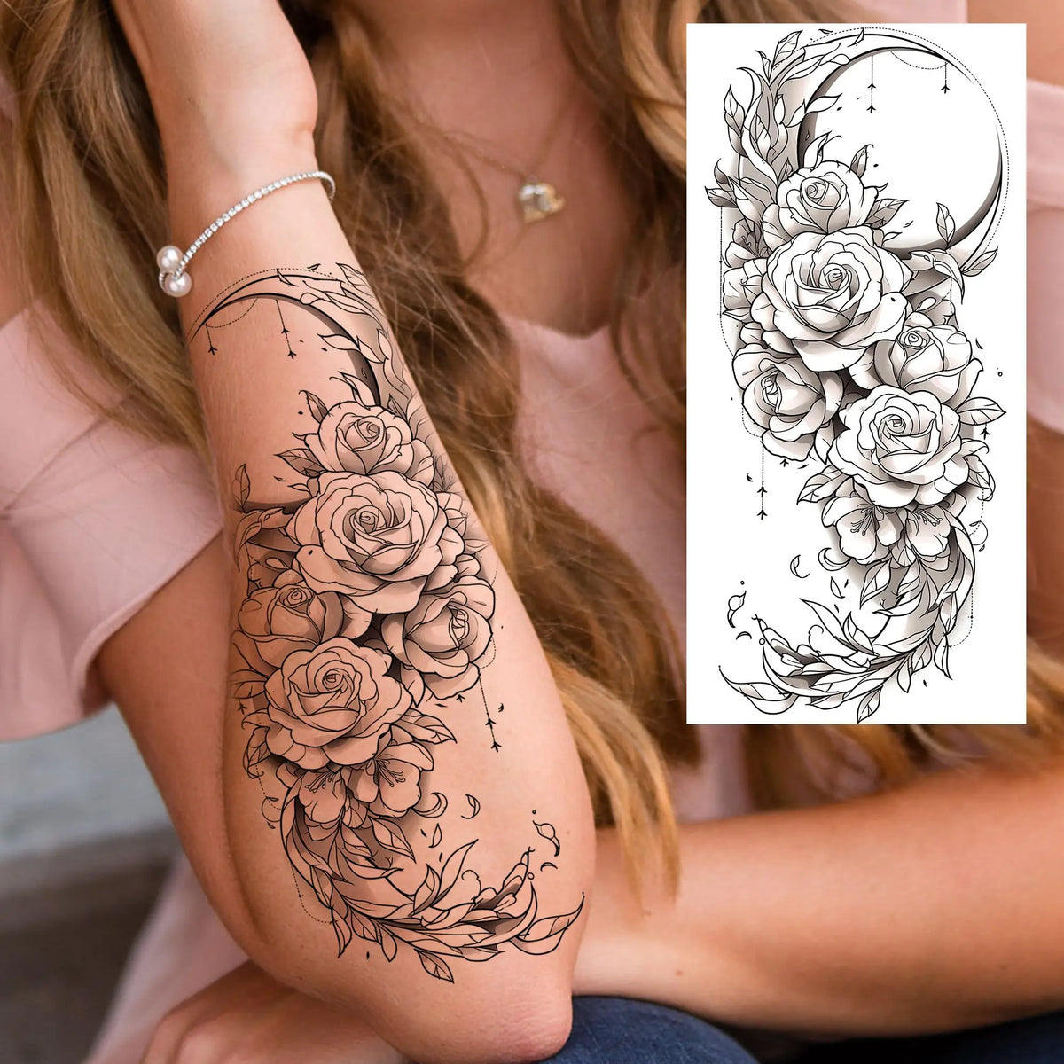 1 Sheet Snake With Rose Flowers Temporary Tattoos For Women Girls Waterproof Realistic Fake Tattoos Long Lasting Arm Leg Sticker